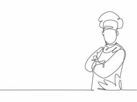 Single one line drawing of young attractive man chef posing stand elegantly with arm crossed on chest. Excellent hotel restaurant service trendy one line hand drawn vector illustration minimalism