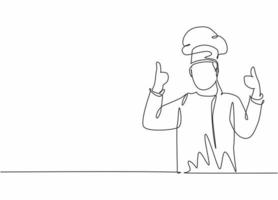 Continuous one line drawing of young happy handsome male chef giving thumbs up gesture. Excellent taste of food in hotel restaurant concept single line draw graphic design vector illustration
