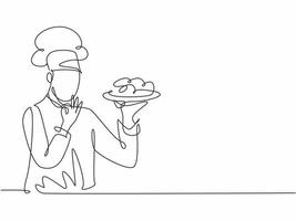 Single one line drawing young happy handsome male chef give tasting good gesture while serving main dish at restaurant. Delicious food taste trendy one line hand drawn vector illustration minimalism