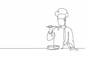 One continuous line drawing of young male chef tasting and smiling soup curry with wooden spoon. Healthy food preparation on commercial kitchen concept single line draw design vector illustration