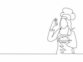 Single one line drawing of young attractive female chef making excellent taste gesture to delicious main dish meal he served. Hotel restaurant trendy one line hand drawn vector illustration minimalism
