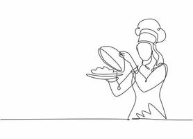 Single one line drawing young attractive female chef serving delicious cuisine on restaurant. Holding and opening tray cloche modern template one line hand drawn vector illustration minimalism style