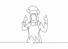 Continuous one line drawing of young happy beauty female chef giving thumbs up gesture. Excellent taste of food in hotel restaurant concept single line draw graphic design vector illustration