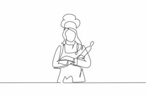 Continuous one line drawing of young attractive beauty female chef holding wood rolling pin while arm crossed on chest. Service excellent concept single line draw graphic design vector illustration