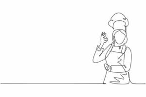 One continuous line drawing of young female chef pose casually while giving excellent food taste gesture. Restaurant banner concept single line draw design vector illustration with white background