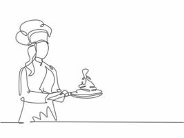 Single continuous line drawing of young confident beauty female chef throwing ingredient on pan while sauteing the food. Healthy food concept one line drawing design vector minimalism illustration