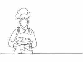 Continuous one line drawing of young beauty woman chef in uniform serving main dish to customer at hotel restaurant. Healthy organic food concept single line draw graphic design vector illustration