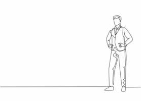 Single one line drawing of young male flight attendant pose standing at airplane. Professional work profession and occupation minimal concept. Continuous line draw design graphic vector illustration