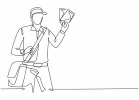 Single continuous line drawing of young postman holding envelopes to be sent to customer. Professional work job occupation. Minimalism concept one line draw graphic design vector illustration