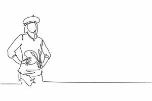 Continuous one line drawing of young female beautiful talented painter artist with hands on hip. Professional job profession minimalist concept. Single line draw design vector graphic illustration