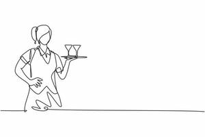 Continuous one line drawing of young female waitress bringing glass on tray with hands on hip. Professional job profession minimalist concept. Single line draw design vector graphic illustration