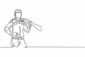 Single one line drawing of young brave female soldier posing with hands on hip. Professional work profession and occupation minimal concept. Continuous line draw design graphic vector illustration