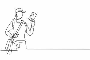 Single one line drawing young mail woman hold letter and posing with hands on hip. Professional work profession and occupation minimal concept. Continuous line draw design graphic vector illustration