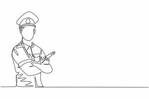 Single continuous line drawing of young police man posing cross arm on chest while holding gun. Professional work job occupation. Minimalism concept one line draw graphic design vector illustration