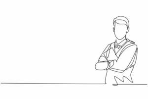 dibujo de una sola línea continua de un joven camarero con el brazo cruzado en el pecho mientras sostiene el menú de resto. ocupación de trabajo de trabajo profesional. concepto de minimalismo dibujo de una línea diseño gráfico ilustración vectorial vector