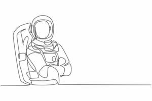 Continuous one line drawing young male astronaut posing cross arm on chest before go to outer space. Professional job profession minimalist concept. Single line draw design vector graphic illustration