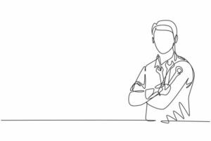 Single one line drawing of young male mechanic posing cross arm on chest. Professional work profession and occupation minimal concept. Continuous line draw design graphic vector illustration