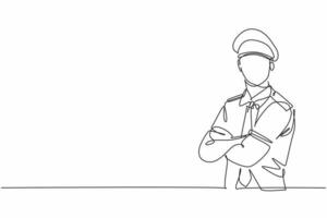 Single continuous line drawing of young male pilot posing cross his arm on chest before flight. Professional work job occupation. Minimalism concept one line draw graphic design vector illustration
