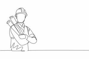 Single one line drawing young male architect cross arm on chest hold blueprint paper. Professional work profession occupation minimal concept. Continuous line draw design graphic vector illustration