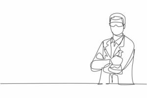 Single one line drawing young male scientist crossed arm on chest and holding flask. Professional work profession occupation minimal concept. Continuous line draw design graphic vector illustration