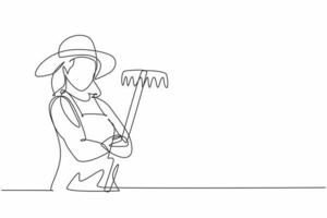 Single one line drawing of young female farmer pose cross arm while holding fork. Professional work profession and occupation minimal concept. Continuous line draw design graphic vector illustration