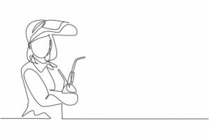 Single continuous line drawing of young female welder wearing mask posing cross arms on chest. Professional work job occupation. Minimalism concept one line draw graphic design vector illustration