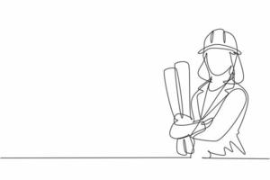 Single continuous line drawing of young female architect holding blueprint paper pose cross arms. Professional work job occupation. Minimalism concept one line draw graphic design vector illustration