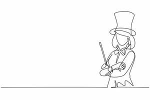 Single one line drawing of young female magician on tuxedo holding magic wand. Professional work profession and occupation minimal concept. Continuous line draw design graphic vector illustration