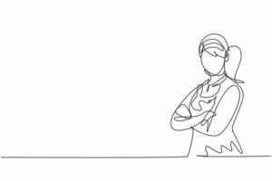 Single one line drawing of young female hotel maid pose cross arms on chest. Professional work profession and occupation minimal concept. Continuous line draw design graphic vector illustration