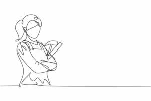 Single one line drawing of young female carpenter holding hammer pose cross arms. Professional work profession and occupation minimal concept. Continuous line draw design graphic vector illustration