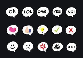 Vector set of hand drawn expression speech bubbles with wordings and symbols on black background.