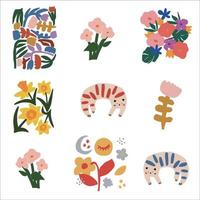 Vector modern and simple Scandinavian style flowers, cat motifs icon illustration bundle set graphic resource