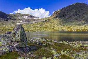 Increíble paisaje de noruega cantos rodados y cumbre del lago cima de la montaña