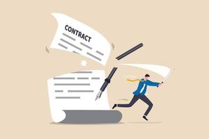 Contract cancellation or agreement terminated, partnership breaking signed business deal, code of conduct mistake concept, confident businessman using sword to cut agreement contract document apart. vector