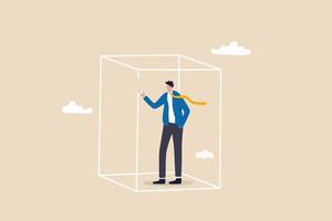 Set privacy zone, personal barrier to focus or work boundary, space to be with yourself concept, introvert businessman drawing box to cover privacy zone or boundary to protect from distraction. vector