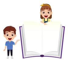 Happy cute beautiful kid boy and girl character wearing beautiful outfit standing behind blank book placard and pointing waving vector