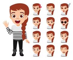 Happy cute beautiful girl character wearing beautiful outfit standing posing waving with different facial expression emotions avatar isolated on white background vector
