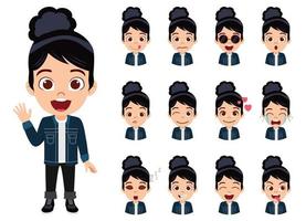 Happy cute girl character wearing beautiful outfit standing posing with different facial expression emotions avatar vector
