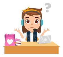 Cute beautiful kid girl character siting on desk and studying with laptop books bag and wearing headphone with confused facial expression with question mark vector