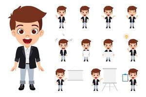 Happy cute kid boy character wearing beautiful business outfit holding  pointing to blank placard board presentation board and posing vector