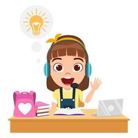 Cute beautiful kid girl character siting on desk and studying with laptop books bag and wearing headphone with cheerful facial expression with idea symbol vector