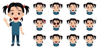 Happy cute girl character wearing beautiful outfit standing posing waving with different facial expression emotions avatar isolated on white background vector