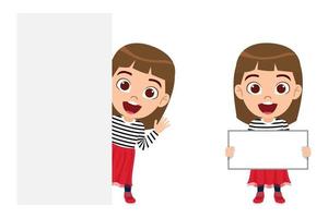 Happy cute beautiful kid girl characters wearing beautiful outfit and standing and holding presentation board vector