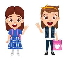 Happy cute beautiful kid girls characters wearing beautiful outfit standing with book and bag and pen ready to school vector