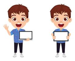 Happy cute beautiful kid boy characters wearing beautiful outfit and standing holding blank laptop and tablet screen vector