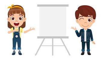 Happy cute beautiful kid boy and girl characters wearing beautiful outfit and standing and pointing to presentation board vector