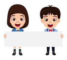 Happy cute beautiful kid boy and girl characters standing and holding placard together vector