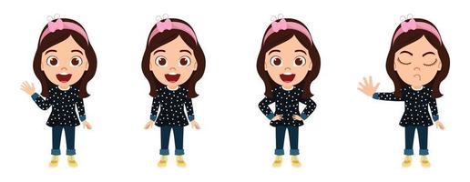 Cute beautiful kid girl character standing and posing doing different actions vector