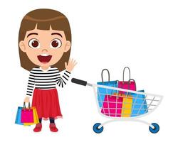 Happy cute kid girl character wearing beautiful outfit holding shopping bags standing with shopping cart vector