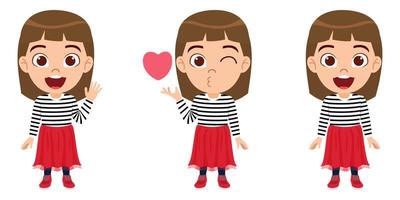 Cute beautiful kid girl character standing and posing doing different actions with love symbol vector